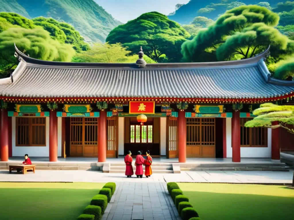 Estudiantes y maestro en escuela Confuciana rodeada de naturaleza, reflejando la importancia del Confucianismo en Asia