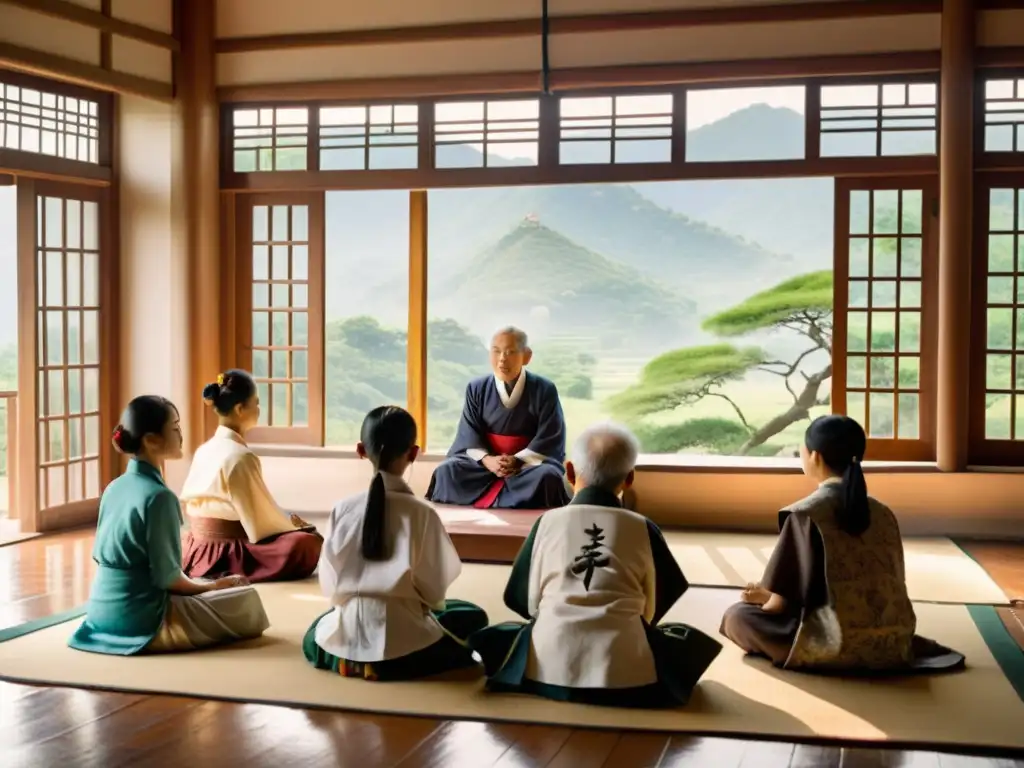 Clase tradicional asiática: Sabiduría y Enseñanza Centenaria Estudiantes y maestro inmersos en enriquecimiento educativo a través de tradiciones asiáticas en aula tradicional