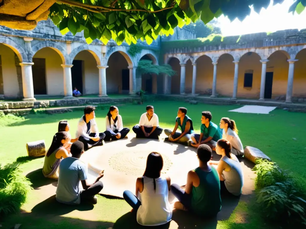 Estudiantes escuchando atentamente a su maestro mientras estudian en el Sistema educativo Valle del Indo, rodeados de naturaleza y ruinas antiguas