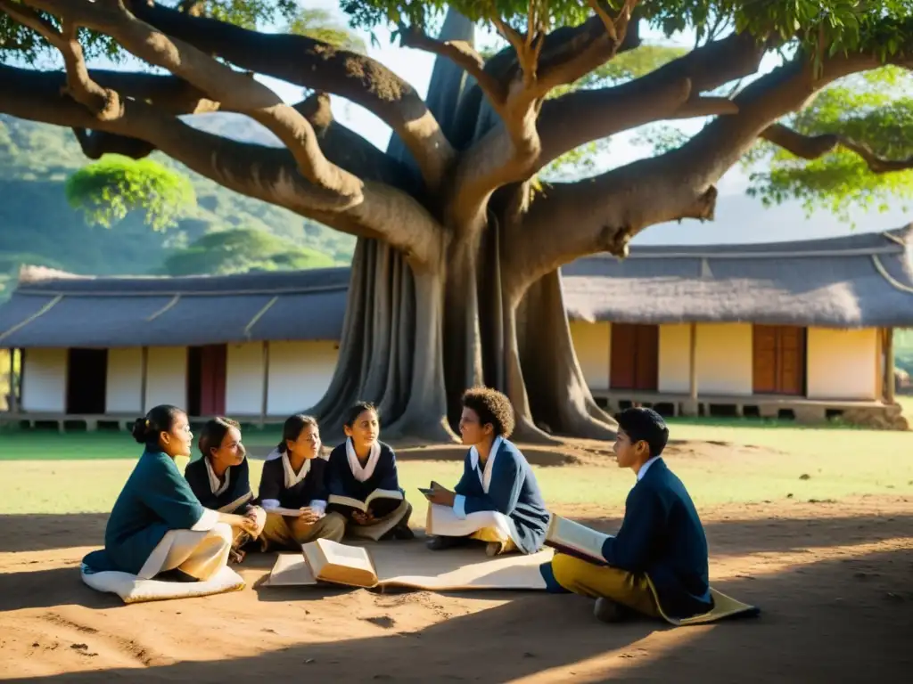 Estudiantes y maestro estudian textos antiguos bajo un árbol