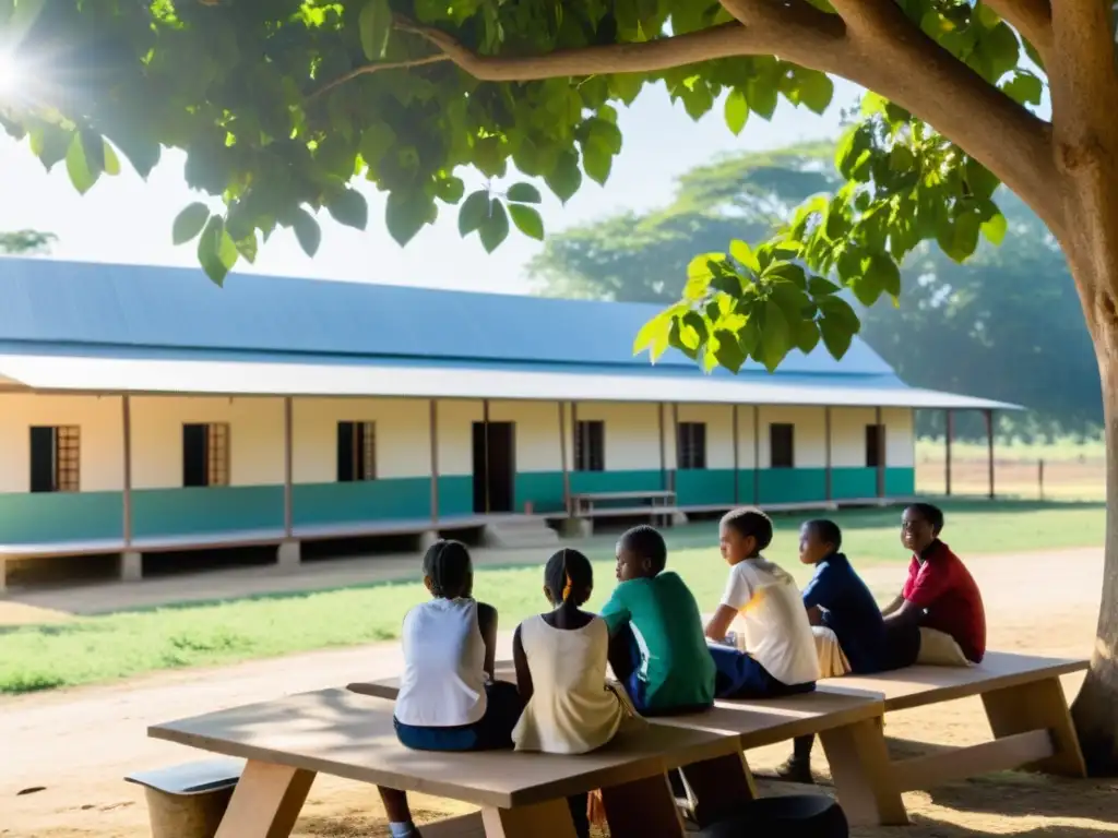 Estudiantes y maestros debatiendo bajo un árbol en la reconstrucción educativa postguerra en Sri Lanka