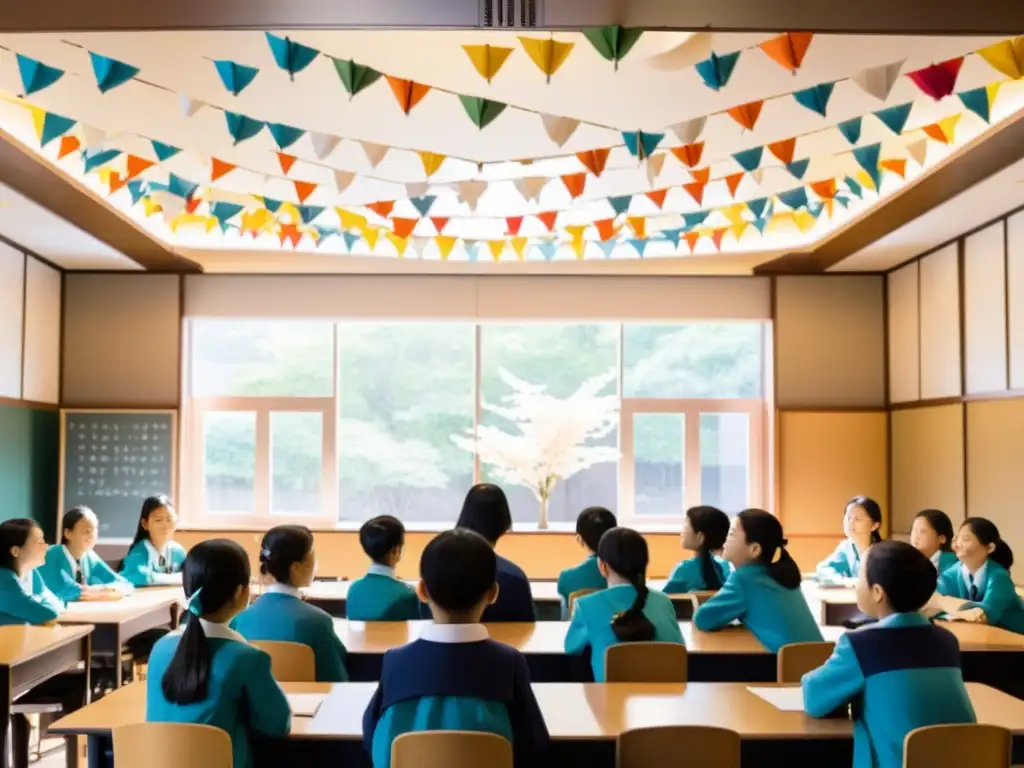 Estudiantes y maestros en Hiroshima discuten la paz, rodeados de grullas de papel