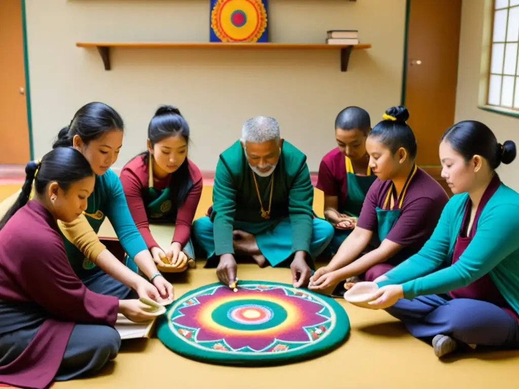 Estudiantes crean mandalas con enseñanzas tibetanas desarrollo creatividad en aula vibrante