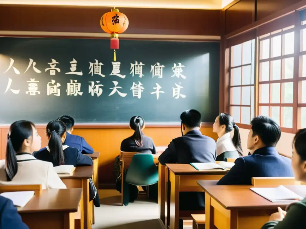 Estudiantes aprendiendo mandarín en una universidad china, concentrados en su lección