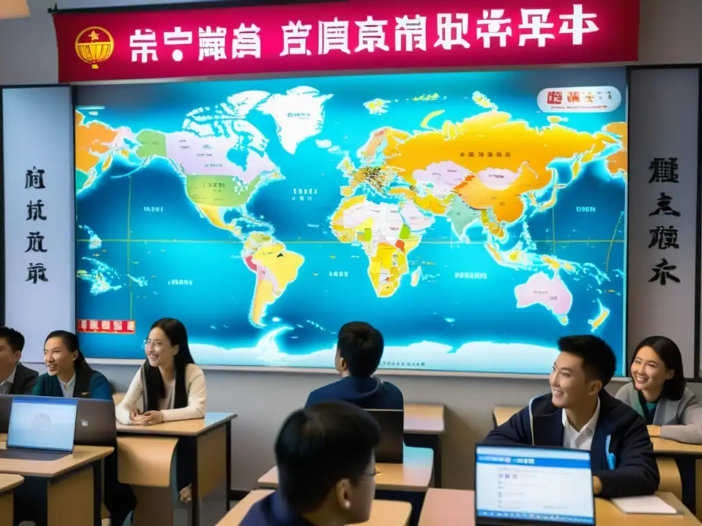 Estudiantes aprendiendo mandarín en universidades chinas, inmersos en una animada clase con su instructor