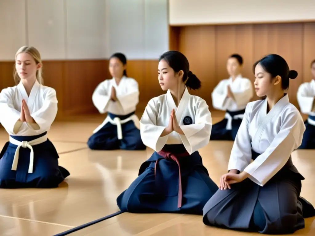 Estudiantes practicando movimientos de aikido filosófico para resolver conflictos en un aula serena, creando armonía y calma en la escuela