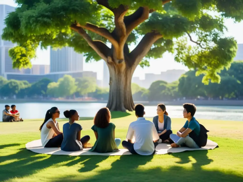 Estudiantes de todo el mundo discuten bajo un árbol antiguo, simbolizando el pensamiento educación global Confucio