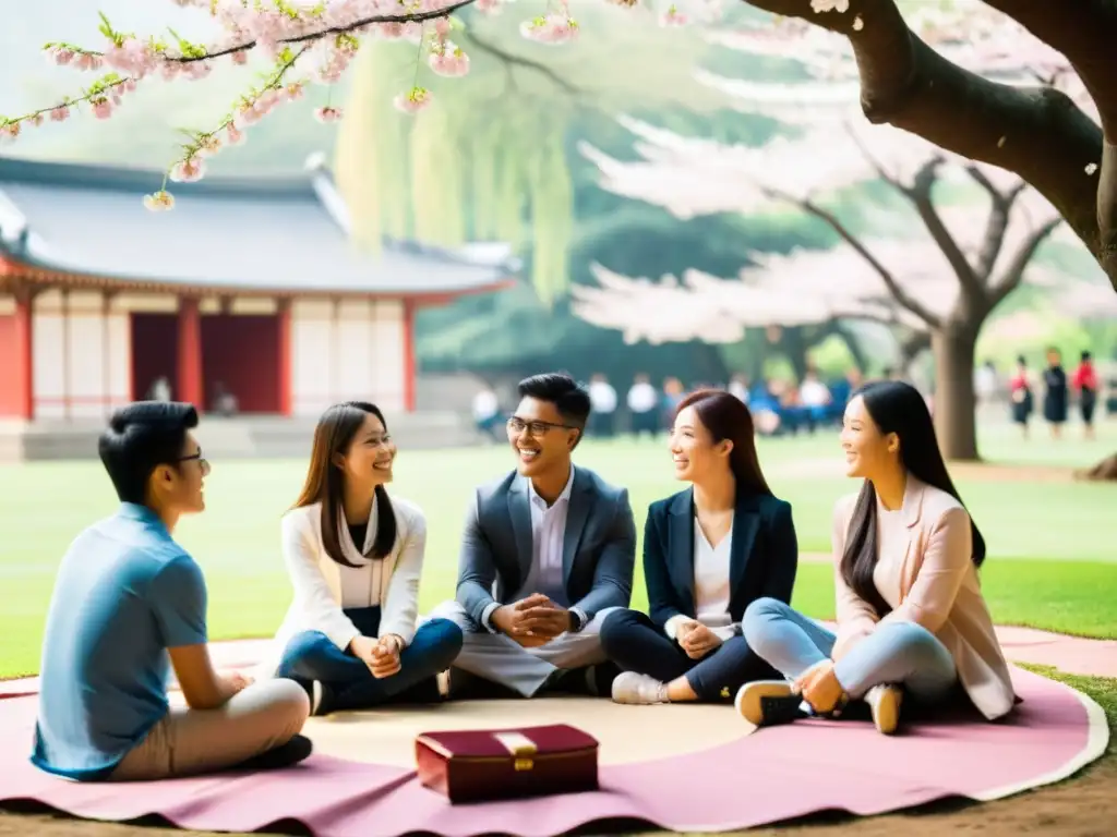 Estudiantes de todo el mundo comparten experiencias bajo un cerezo en la universidad asiática, creando un ambiente de intercambio cultural