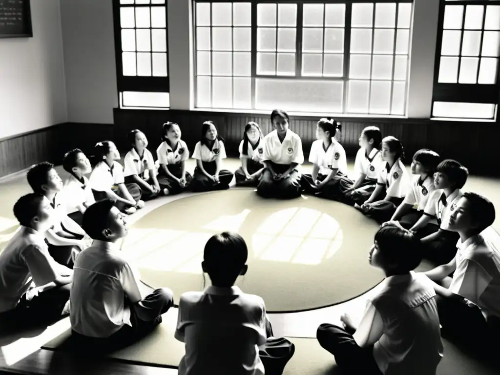 Estudiantes en Nagasaki participando en lecciones de educación para la paz, iluminados por la luz del sol mientras escuchan atentamente a su maestro