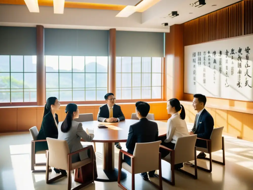 Estudiantes de negocios en aula moderna de universidad en China, con arte tradicional y vista a la ciudad de Beijing