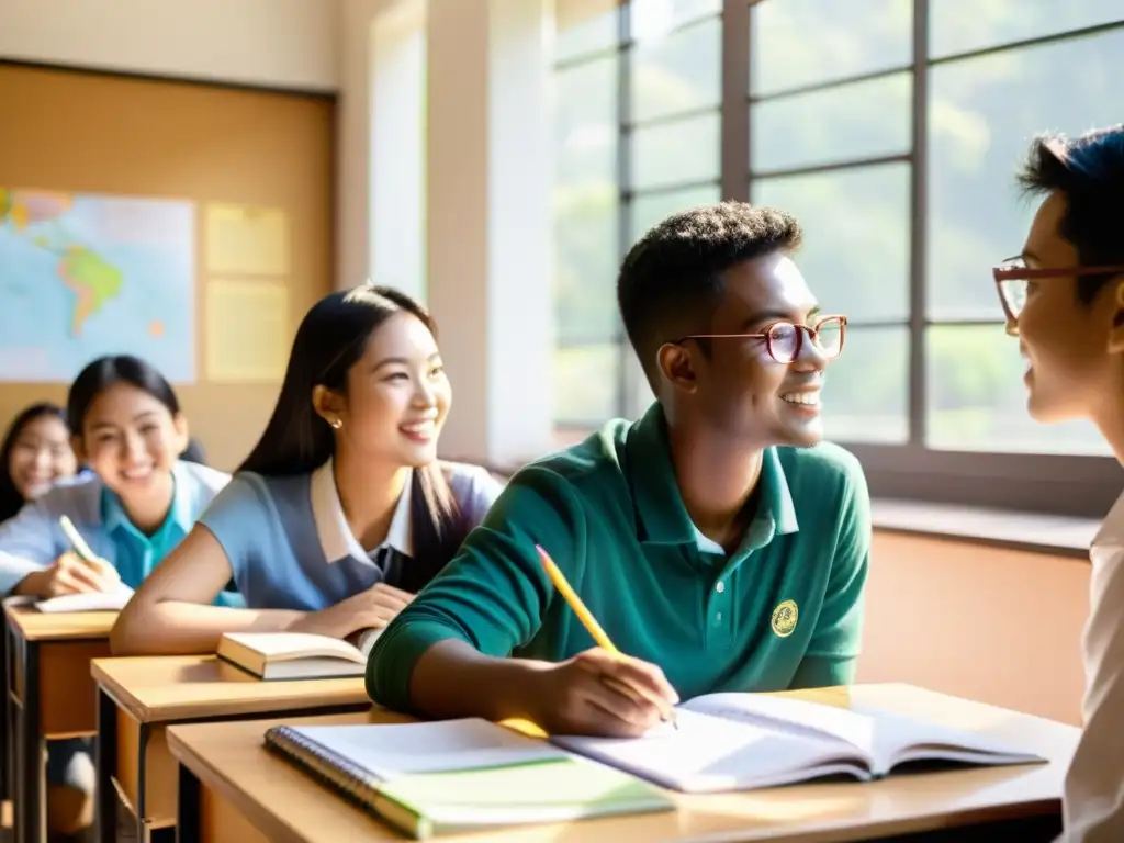 Estudiantes de diferentes países colaborando en un aula bulliciosa de una universidad asiática