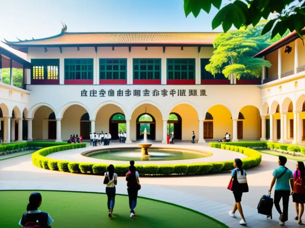 Estudiantes debatiendo en un patio universitario asiático, con arquitectura tradicional y moderna, rodeados de vegetación exuberante y edificios históricos