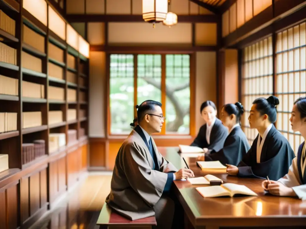 Estudiantes de posgrado en cultura asiática escuchan atentamente a un sabio Confuciano en una tranquila casa de té tradicional