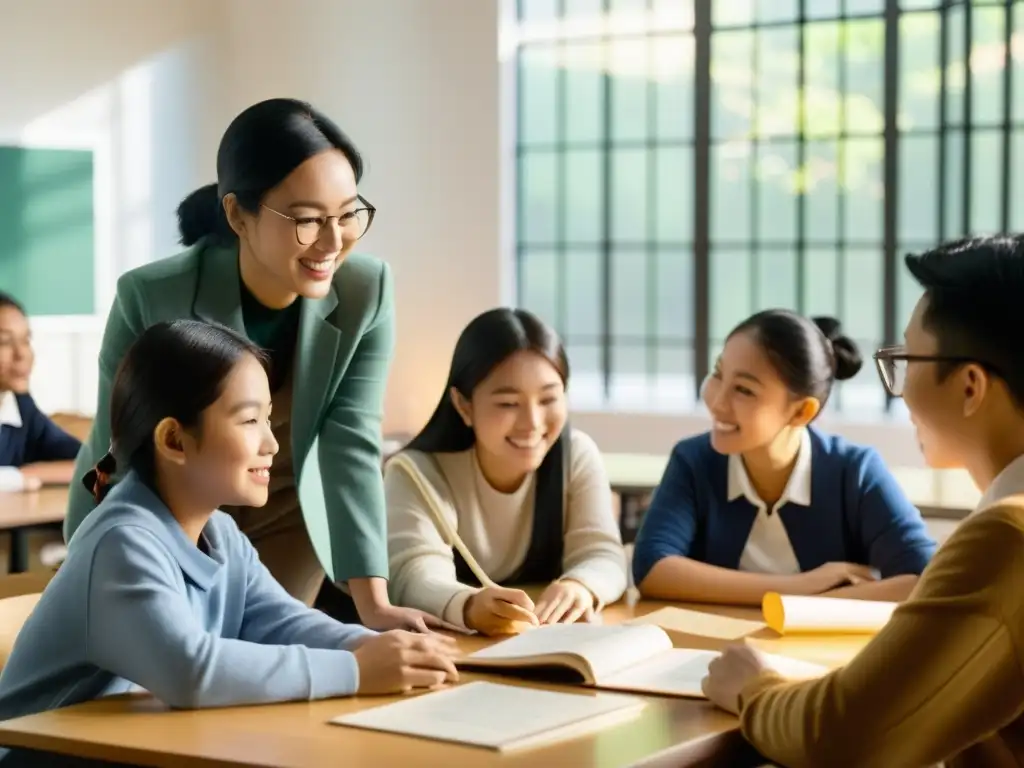 Estudiantes y profesores asiáticos participan en un animado intercambio educativo cultural asiático, creando un ambiente de aprendizaje multicultural