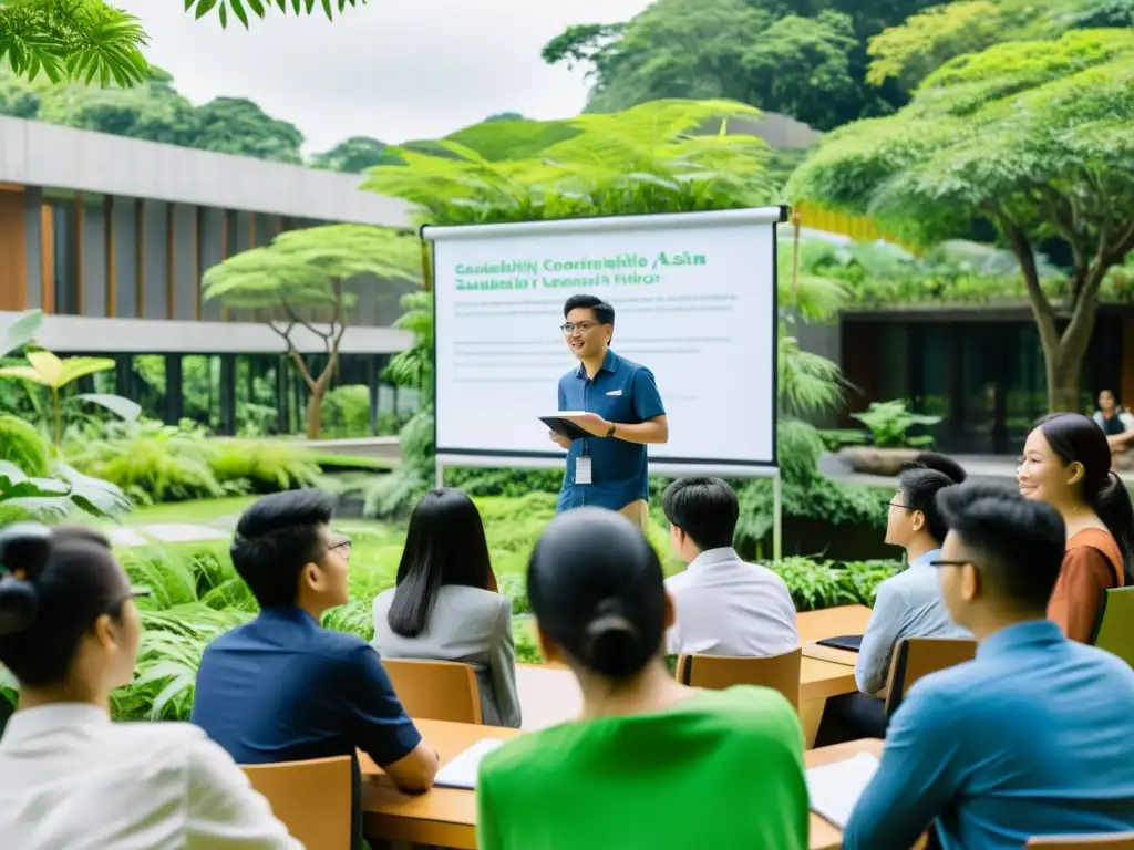 Estudiantes y profesores de universidades asiáticas participan en un taller de sostenibilidad entre exuberante vegetación y arquitectura sostenible