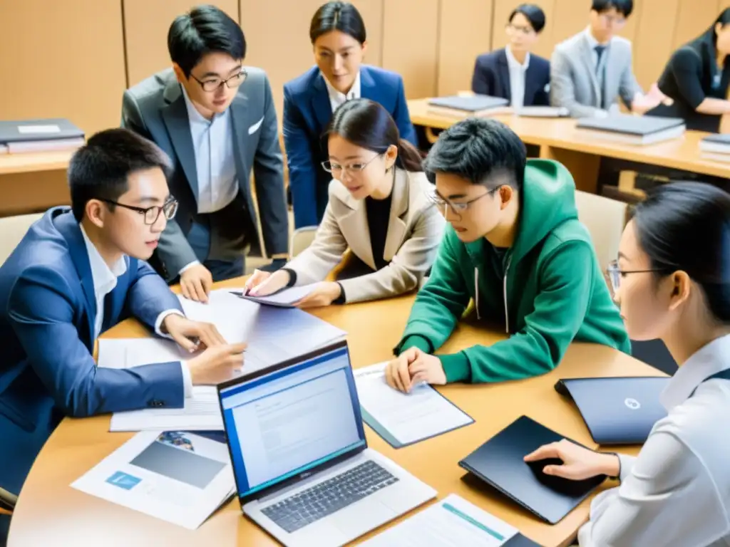 Estudiantes de la Universidad de Tokio colaborando en proyecto interdisciplinario, reflejando espíritu innovador