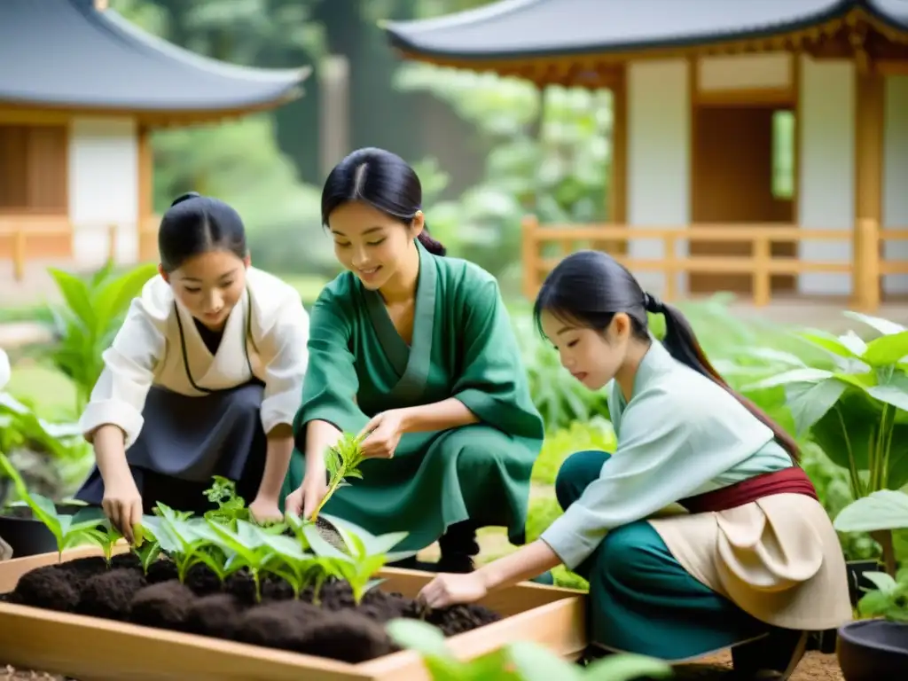 Estudiantes en ropa asiática cuidan un jardín en un aula al aire libre, resaltando la influencia del entorno en la pedagogía asiática