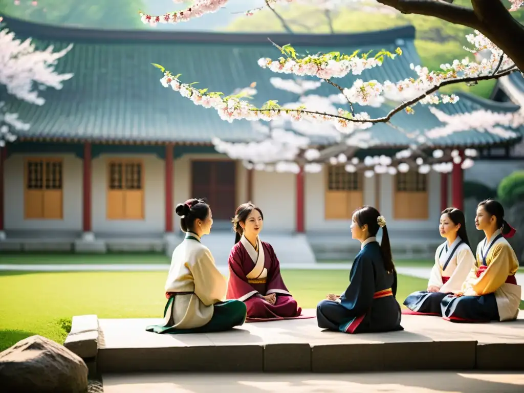 Estudiantes en ropa tradicional china aprenden principios confucianos en un patio tranquilo, rodeados de naturaleza exuberante y árboles de cerezo en flor