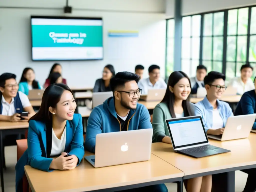 Estudiantes participando en sesión de eLearning en universidad asiática, mostrando la transformación digital en la pedagogía