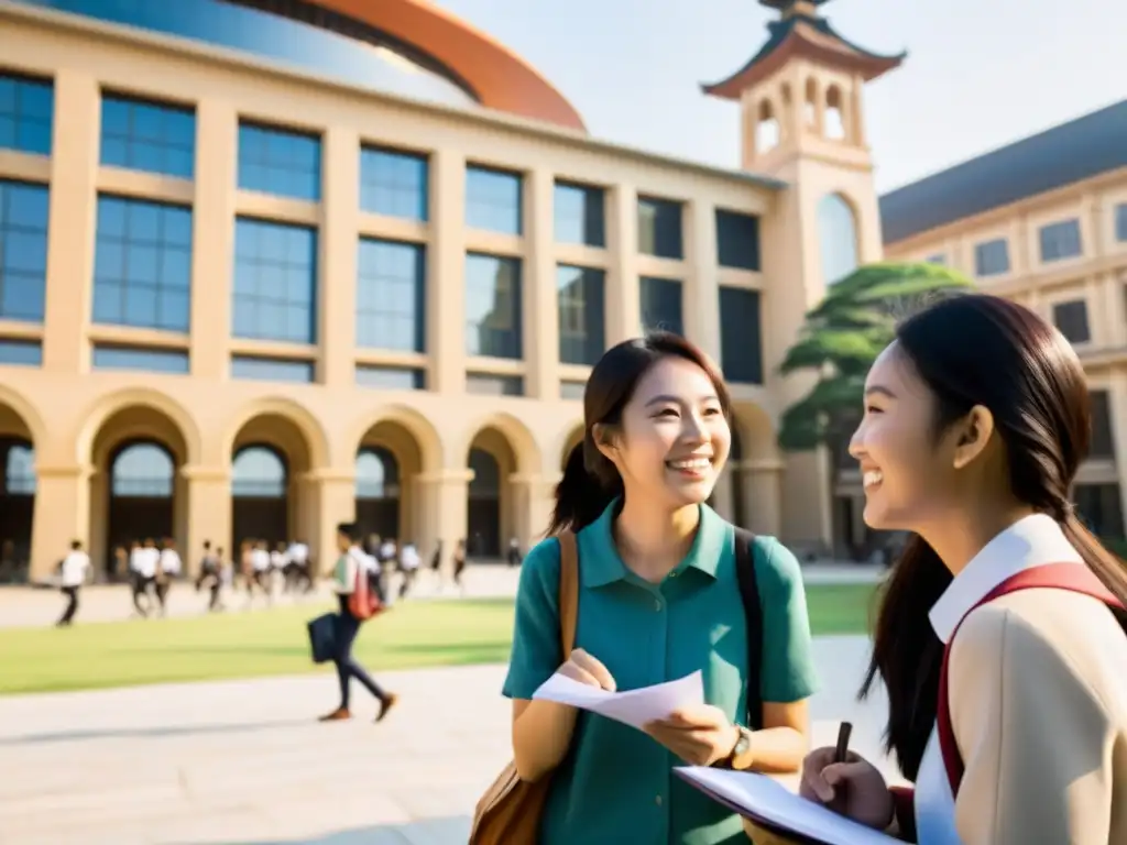 Estudiantes sonrientes de diversas culturas charlan animadamente frente a una universidad en Asia