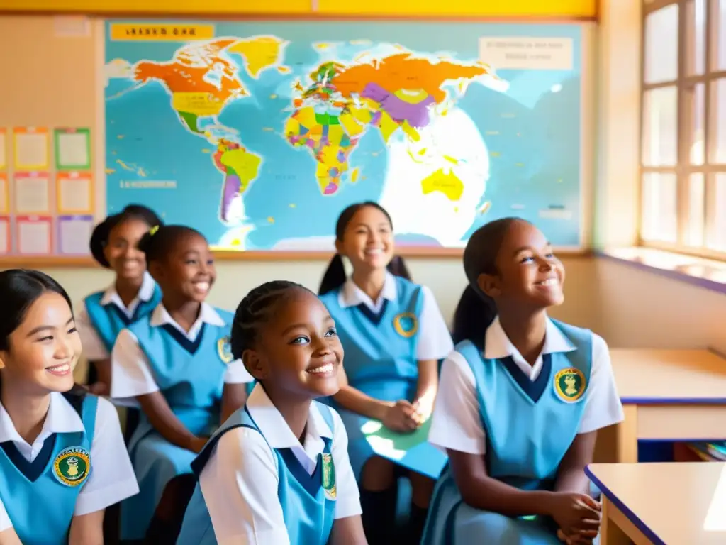 Estudiantes sonrientes en uniformes escolares escuchan atentamente a su maestra señalando un mapa mundial, rodeados de posters y libros coloridos