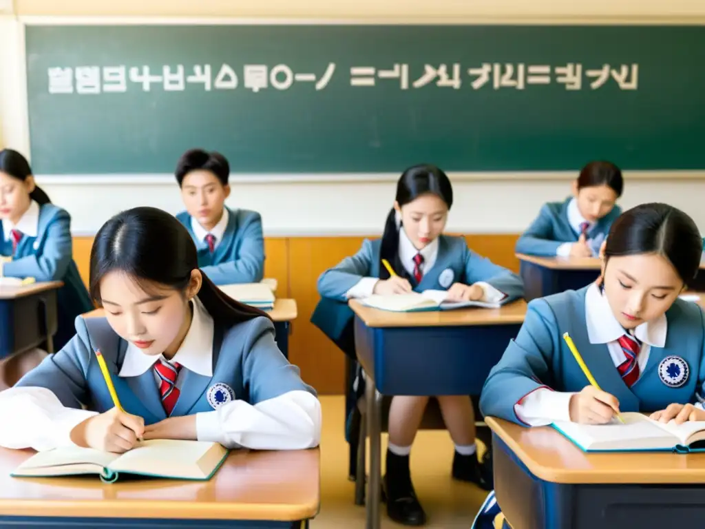 Estudiantes surcoreanos participan activamente en una clase, reflejando el éxito académico en Corea del Sur