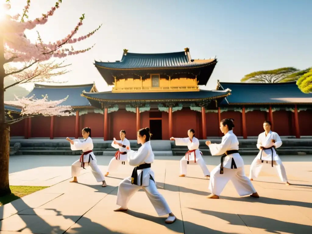 Estudiantes practican Taekwondo en templo asiático, demostrando la importancia educativa de artes marciales en Asia