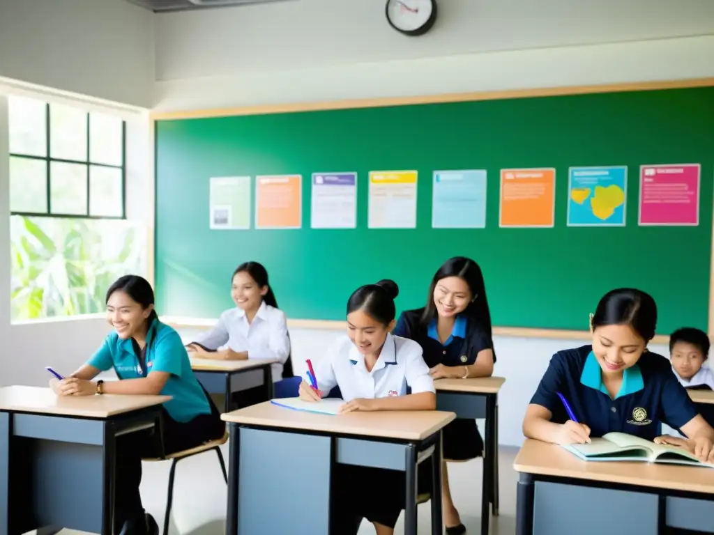 Estudiantes tailandeses y maestros colaboran en un aula moderna y bien equipada, promoviendo la innovación educativa en Tailandia