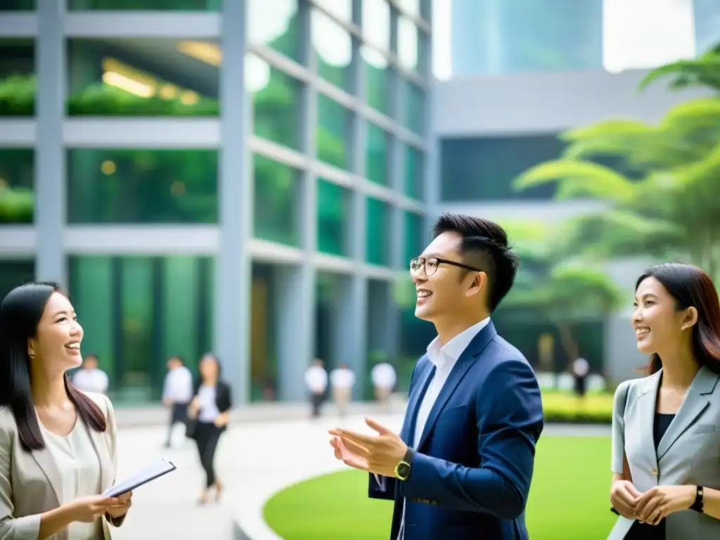 Estudiantes de MBA en Taiwán, inmersos en una animada discusión en un moderno campus soleado, reflejando la innovación y la cultura asiática