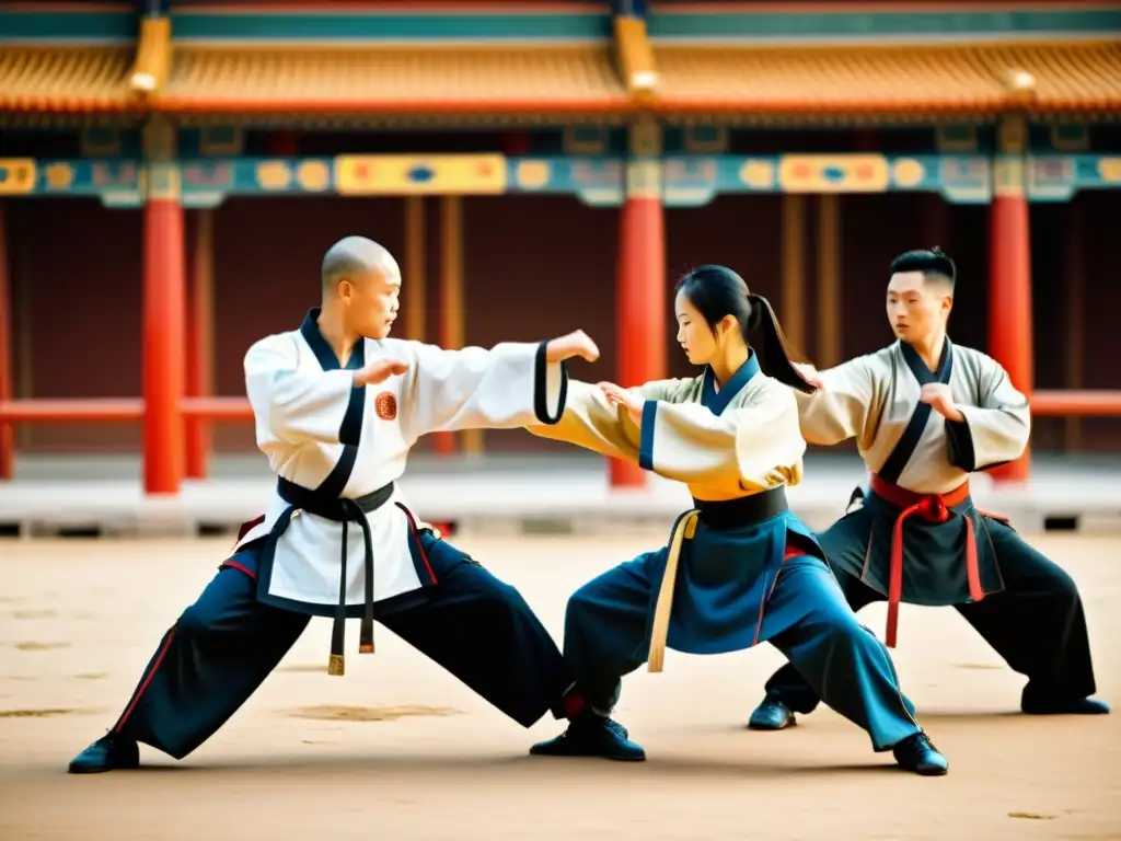 Estudiantes practicando técnicas de Sanda en un antiguo campo de entrenamiento, reflejando la intensidad y disciplina del arte marcial en China