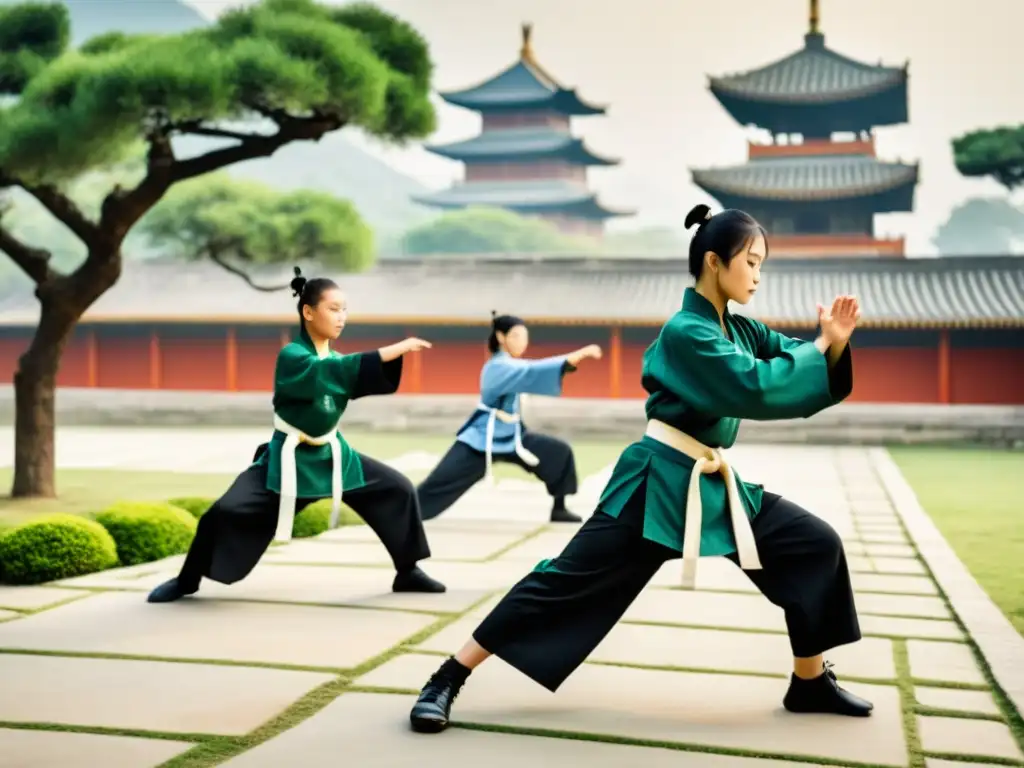 Estudiantes de kung fu practicando en un jardín mistico Estudiantes practican kung fu en jardín tradicional asiático, reflejando enfoque y disciplina