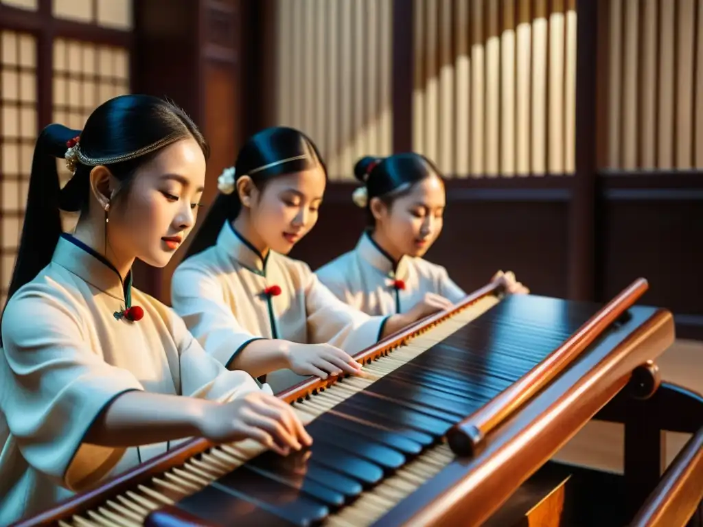 Estudiantes aprendiendo guzheng en escuela de música tradicional china, con maestro guiando