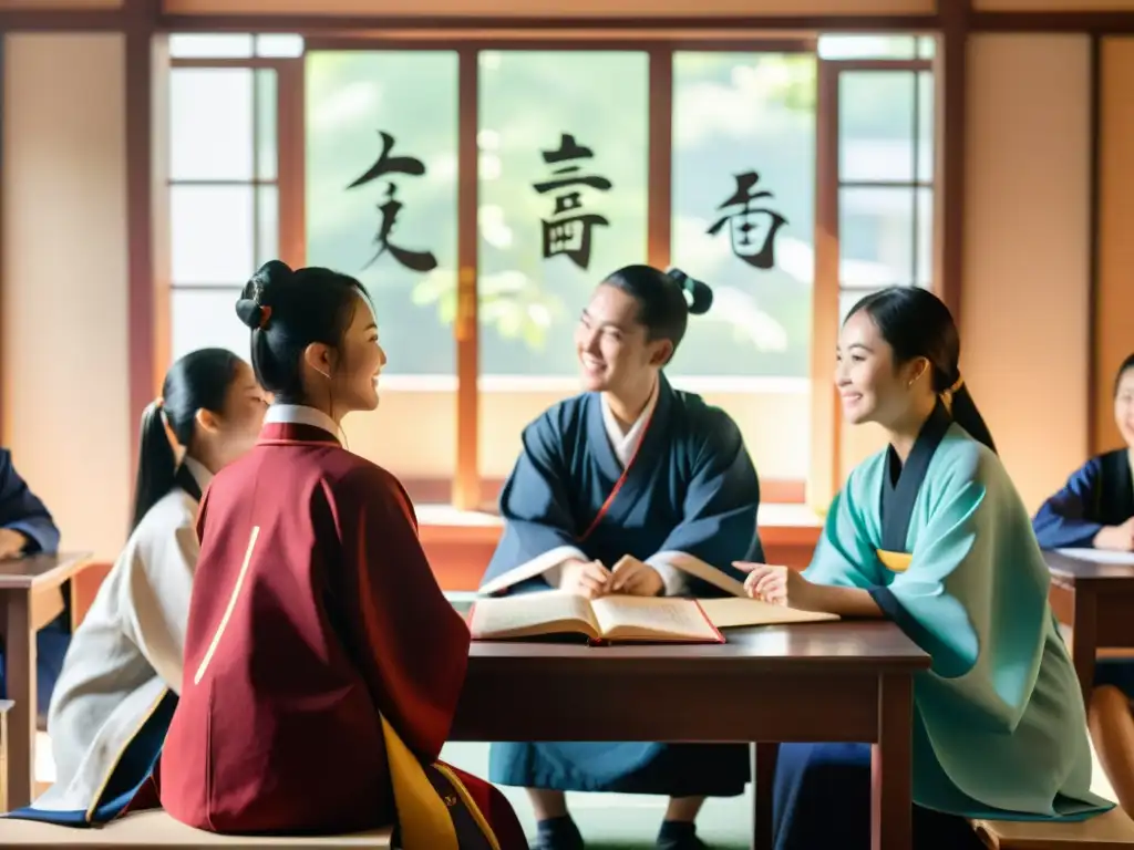 Estudiantes en trajes chinos tradicionales discuten el pensamiento educación global Confucio en aula iluminada por luz suave