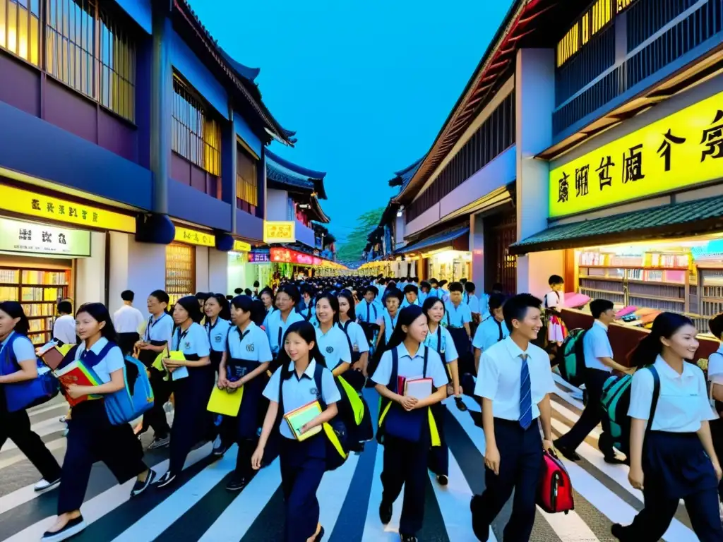 Estudiantes en uniforme se apresuran a las escuelas nocturnas en Taipei, Taiwán, entre letreros de neón