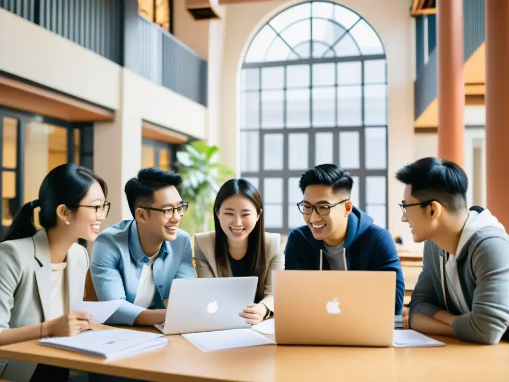 Estudiantes universitarios discuten animadamente su proyecto de startup en un campus asiático, reflejando la innovación y progreso en la atmósfera