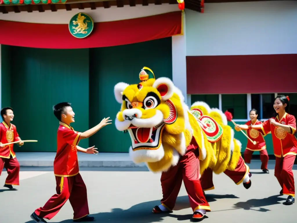 Estudiantes vietnamitas participan con entusiasmo en una danza de leones durante prácticas extracurriculares del sistema educativo Vietnam