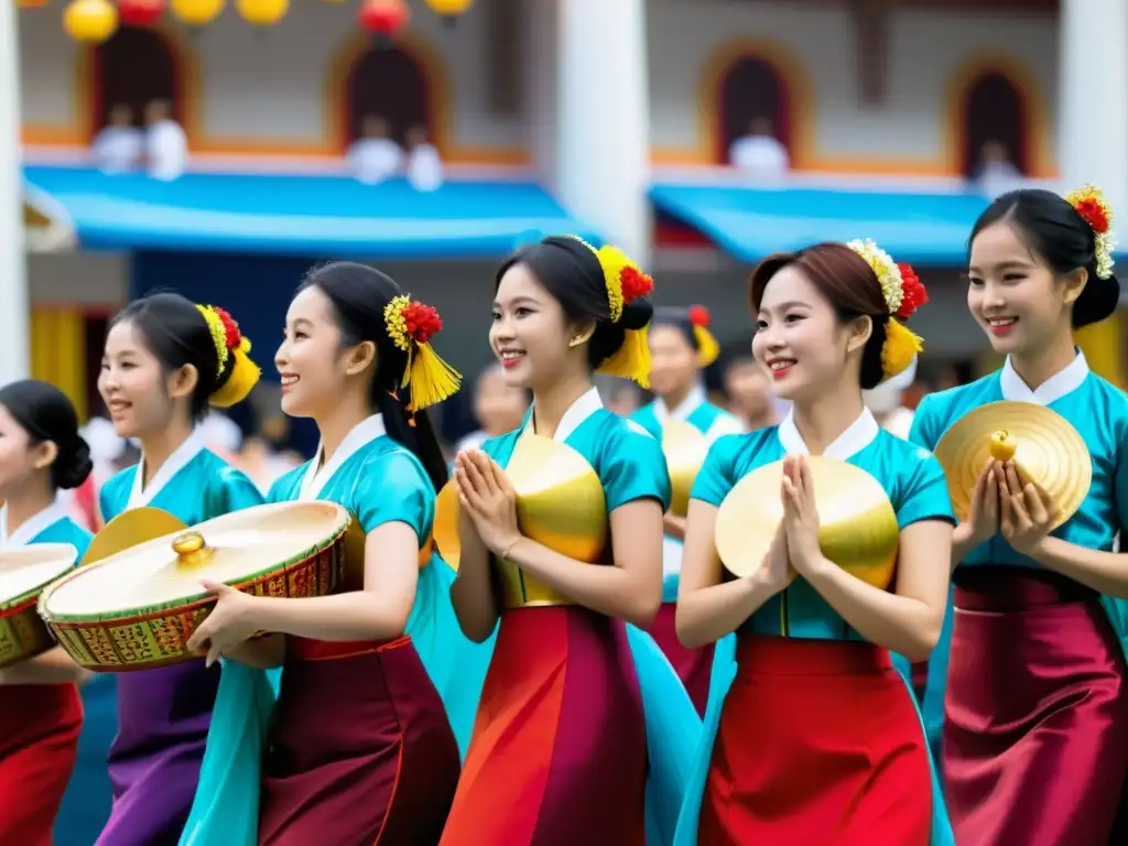 Estudiantes vietnamitas bailan en un mercado, mostrando prácticas extracurriculares del sistema educativo Vietnam