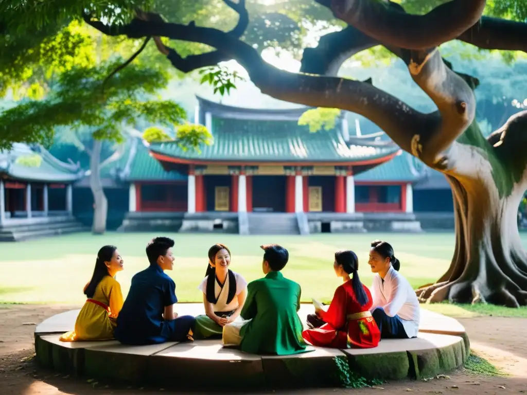 Estudiantes vietnamitas en áo dài participan en prácticas extracurriculares bajo un árbol, rodeados de vegetación exuberante y una pagoda con detalles de dragones, capturando la esencia del sistema educativo Vietnamita