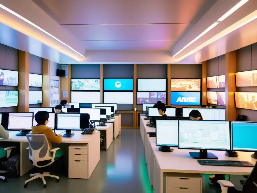 Estudio de anime: Arte digital y pasión creativa en acción Un estudio de anime bullicioso con animadores trabajando en tablets, rodeados de bocetos y storyboards