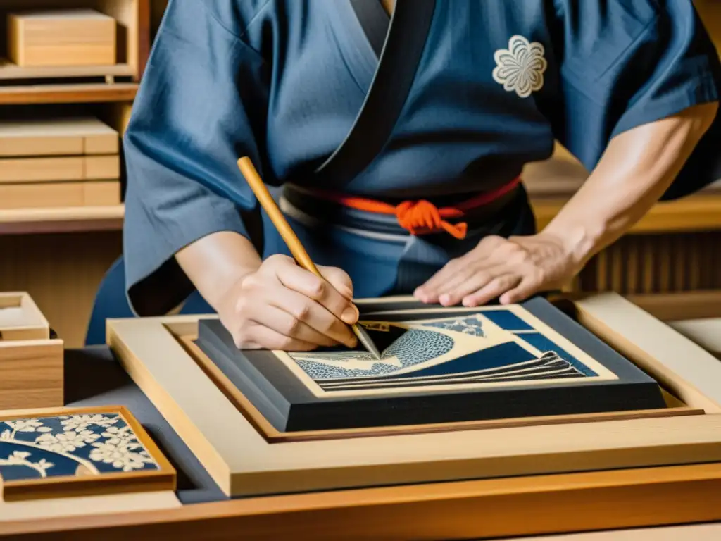 Un estudio de grabado de madera ukiyoe, mostrando la meticulosa técnica artística de los artesanos japoneses