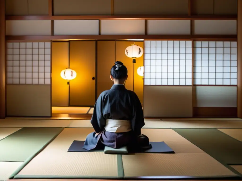 Estudio de koans zen en una habitación serena con suelo de tatami y puertas shoji, iluminada por suaves linternas de papel