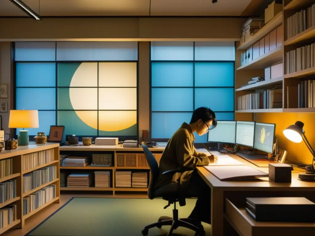 Estudio de animación tradicional: el arte meticuloso de crear anime a mano Estudio de animación japonés tradicional, artesanos dibujan meticulosamente en celuloide, reflejando la evolución tecnológica en la animación japonesa