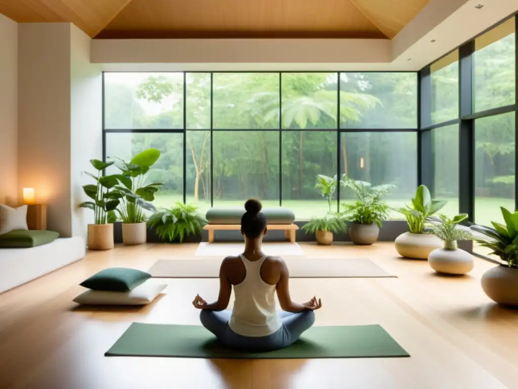 Un estudio de meditación moderno con luz natural y plantas verdes