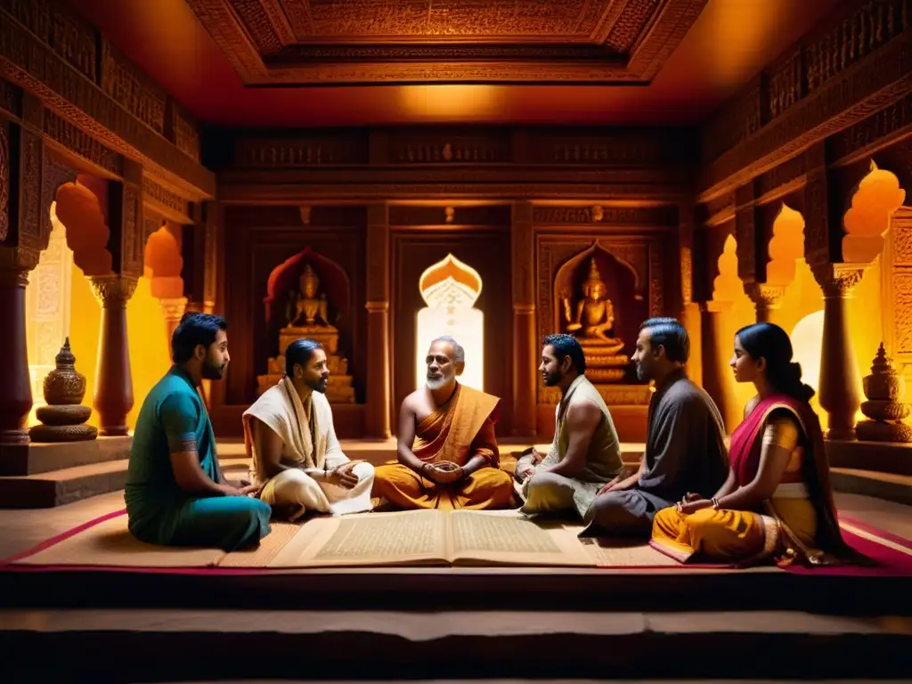 Estudio profundo de los Upanishads en un ambiente reverente y académico, rodeado de arte y textos antiguos