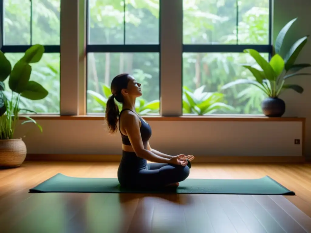 'En un estudio sereno con luz suave, personas se relajan en una sesión de Yoga Nidra, disfrutando los beneficios de la relajación consciente