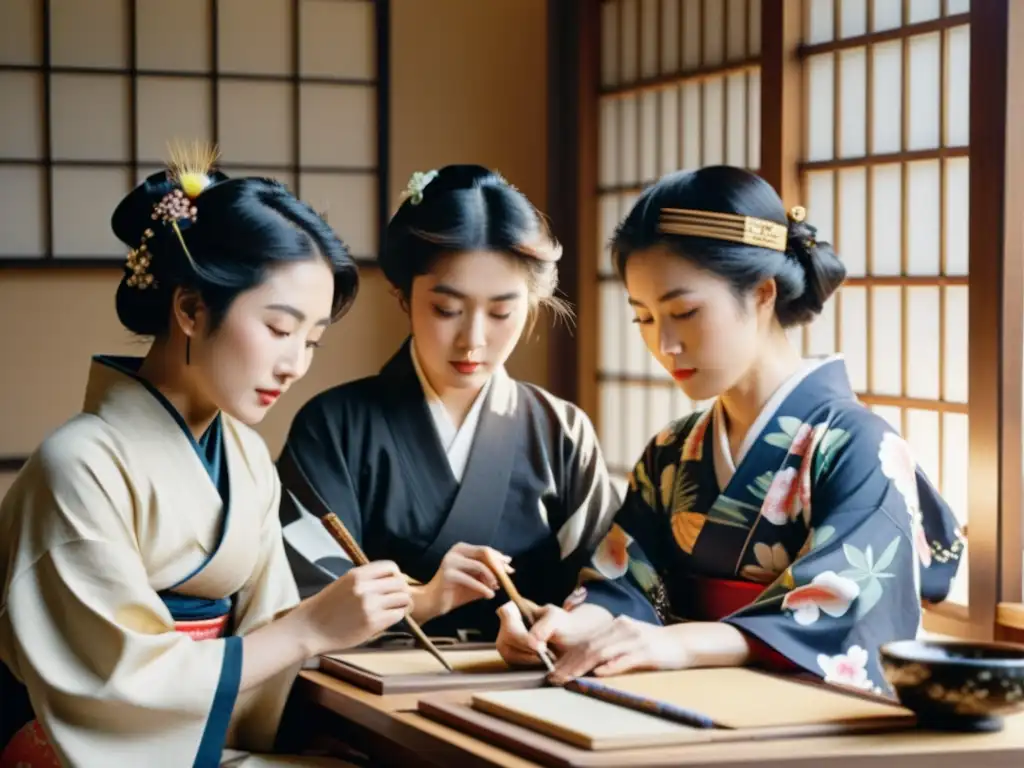 Un estudio soleado muestra a mujeres artistas japonesas vestidas con kimonos tradicionales, inmersas en la pintura y caligrafía