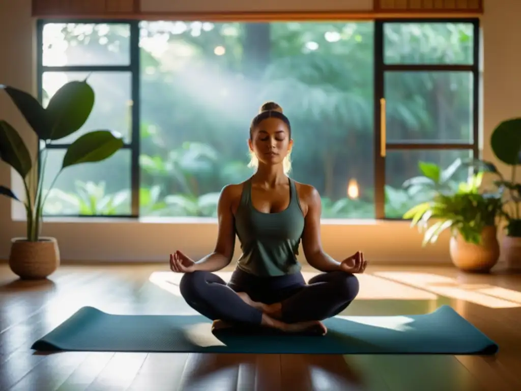 Un estudio de yoga tranquilo con luz dorada suave entra por las ventanas