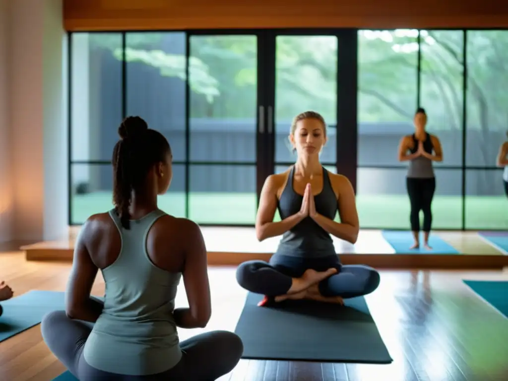 Un estudio de yoga tranquilo, con luz suave y personas practicando asanas