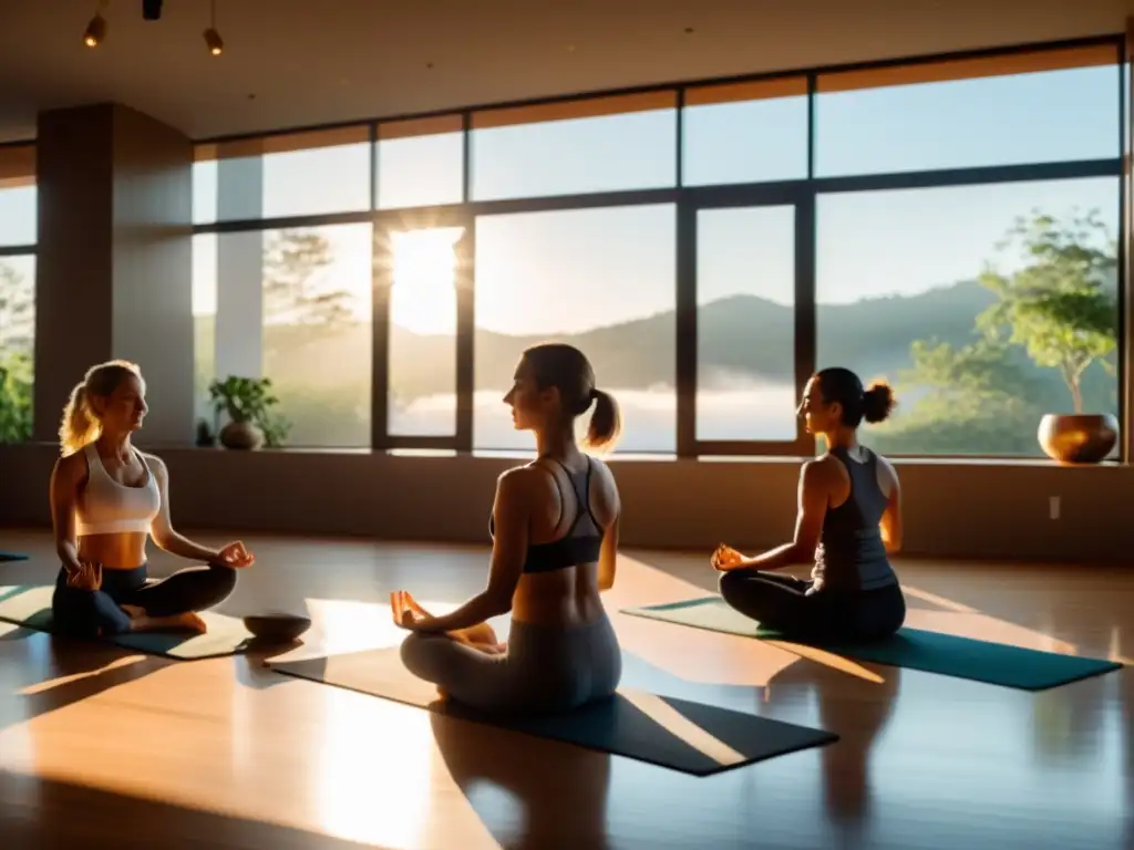 Un estudio de yoga iluminado suavemente con participantes en diversas posturas, bañados por la cálida luz solar