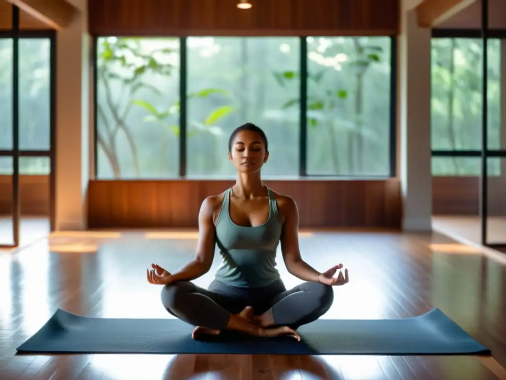 En el estudio de yoga, una mujer medita con mantras curativos para sanar cuerpo